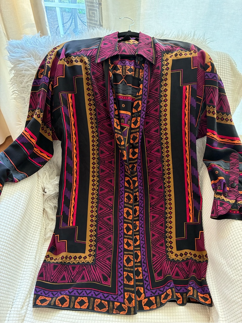 Womenโs Printed Silk Tunic Shirt in Black, Purple & Gold